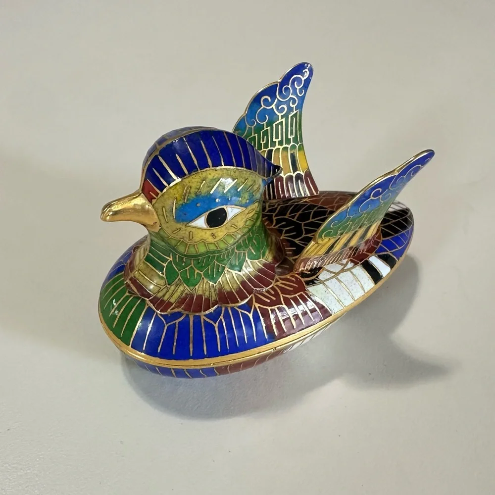 Cloisonné' Enamel Brass Duck Figure Trinket Box Vintage Excellent - Picture 1 of 6